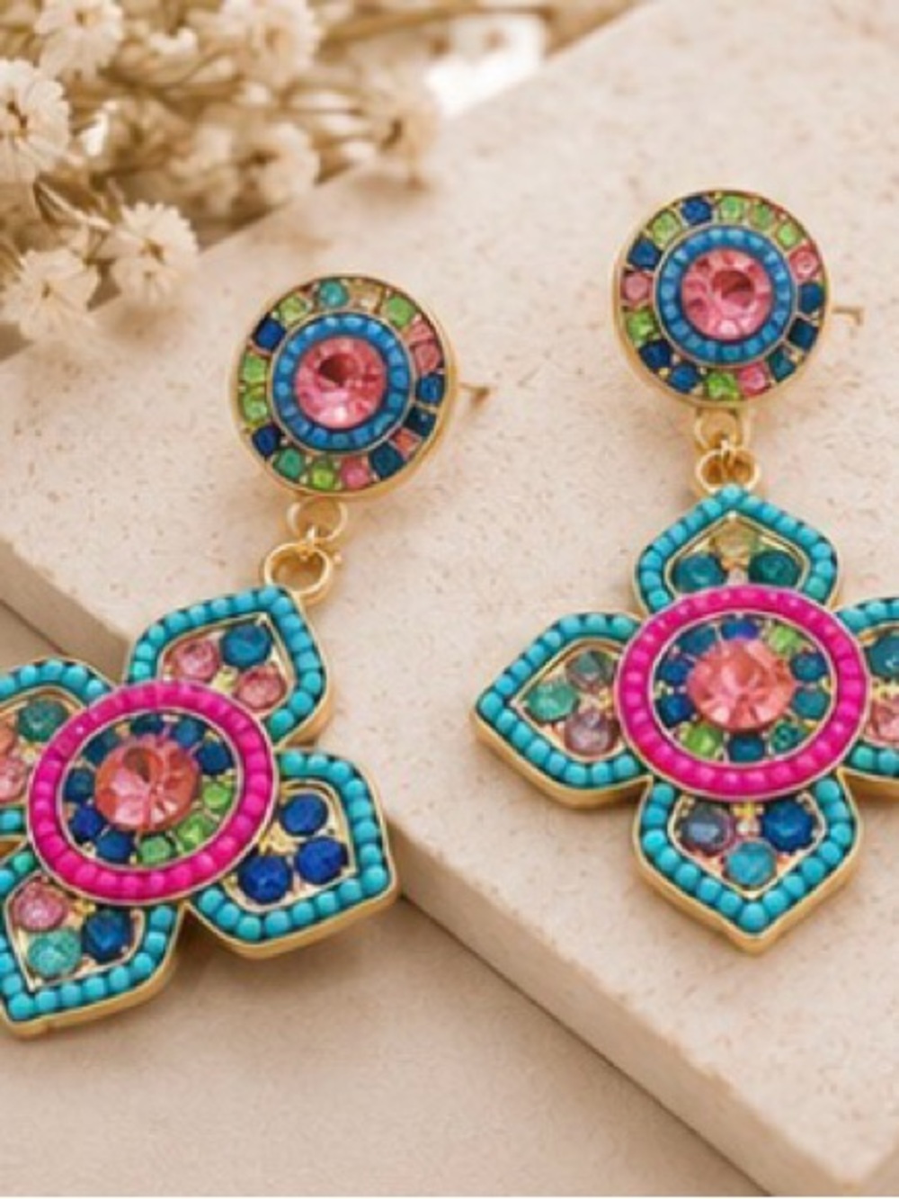 Multicolor Crystal Floral Statement Dangle Earrings